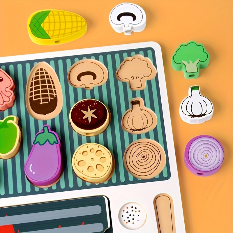 Detail des Holzgemüses: Mais, Aubergine, Champignon und Brokkoli