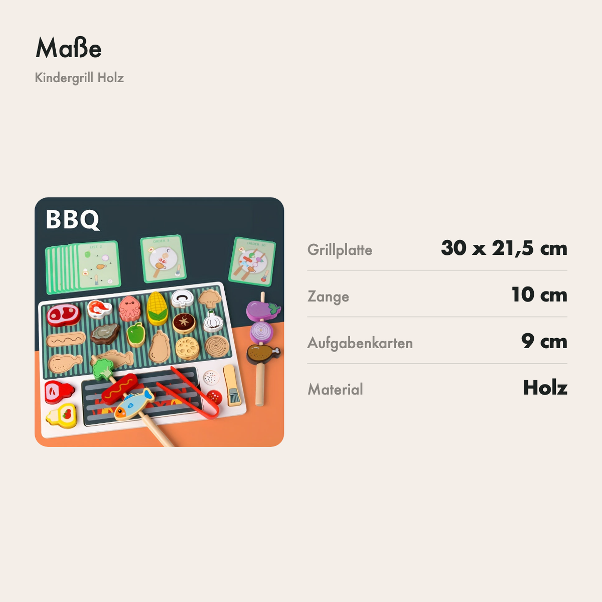 Maße des Kindergrills aus Holz: Grillplatte 30 x 21,5 cm