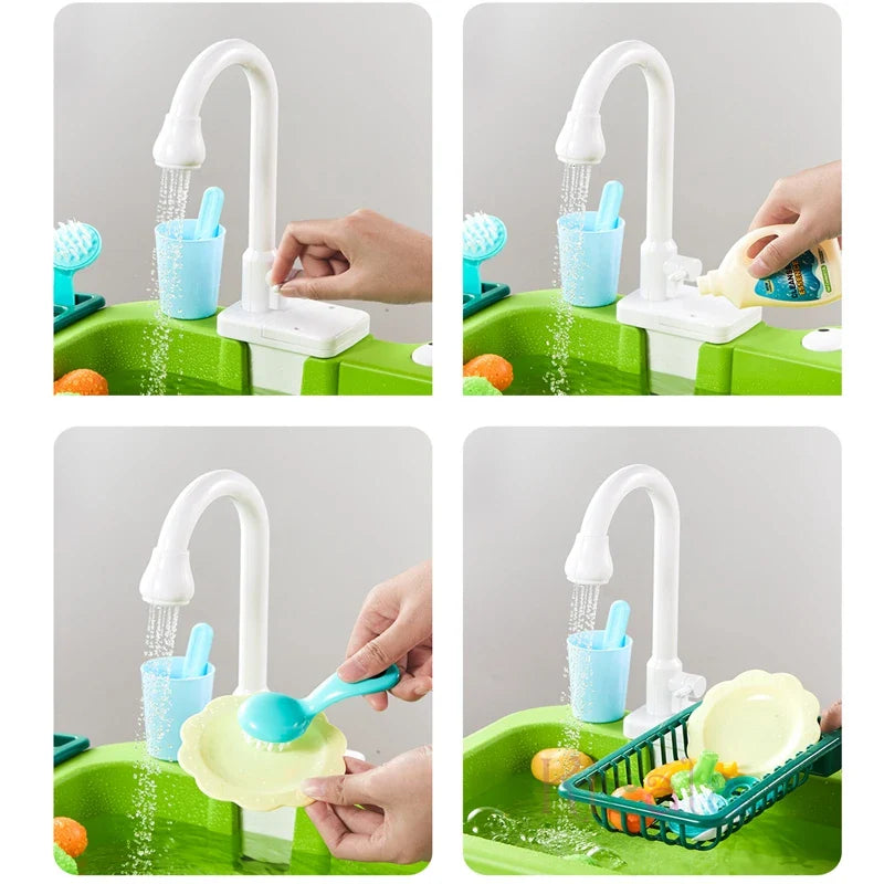 Kind spült Teller und Becher unter dem Wasserhahn der Spielspüle ab