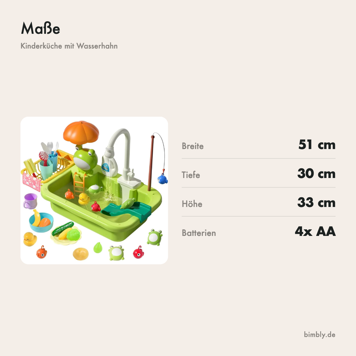 Maße der Spielspüle: 51 cm breit, 30 cm tief und 33 cm hoch
