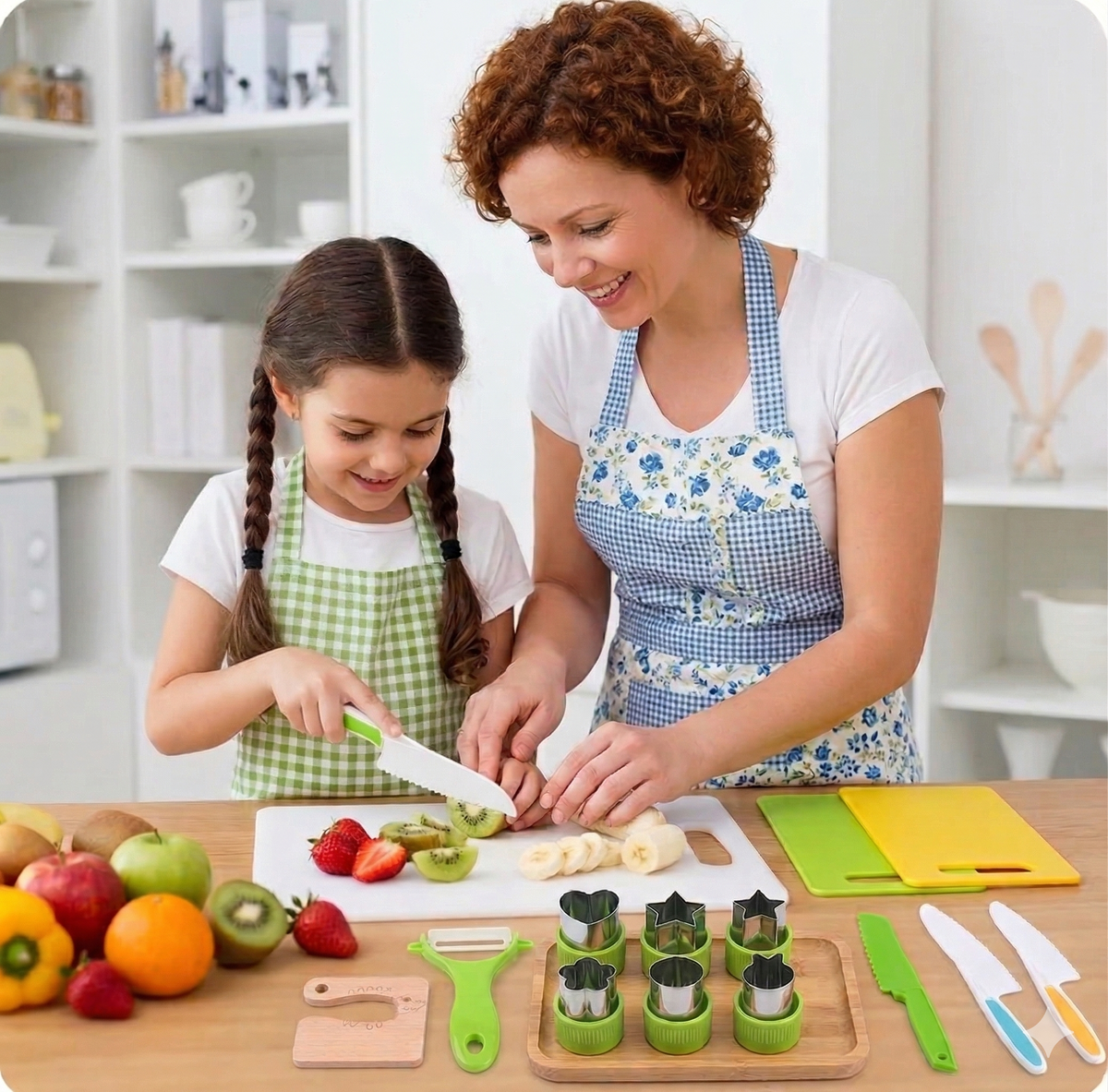 Kind schneidet selbstständig Obst am Tisch