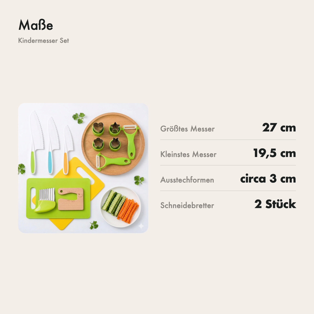 Maße der Kindermesser: 27, 24,5, 22 und 19,5 cm