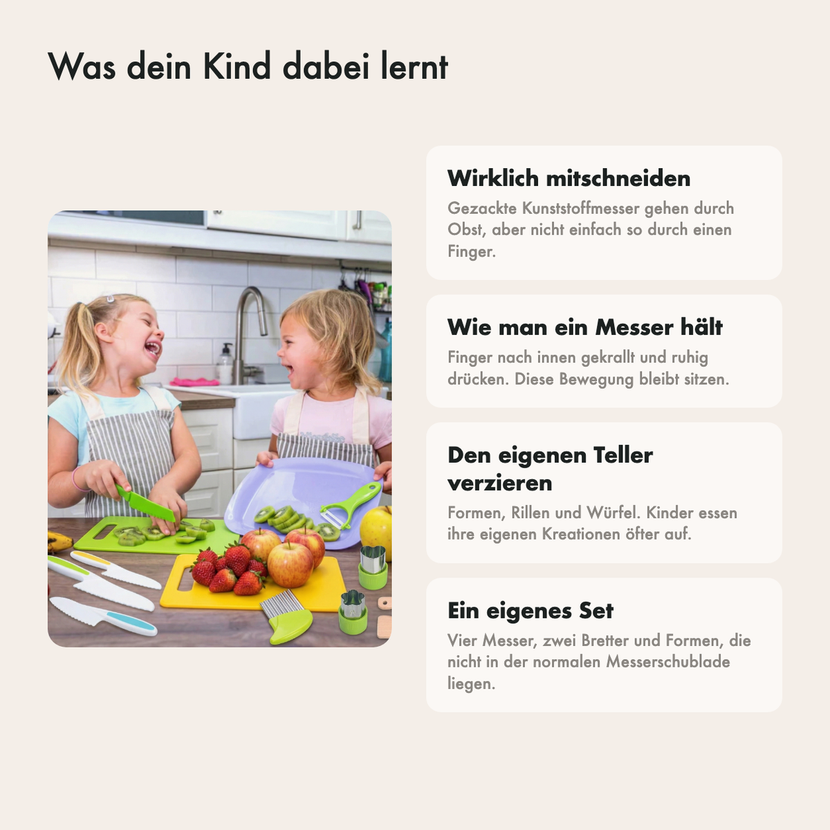 Was dein Kind mit dem Kindermesser Set lernt: schneiden, mithelfen, dosieren und aufräumen