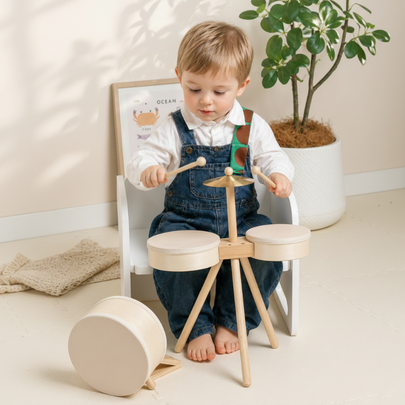 Kind spielt auf dem Kinderschlagzeug aus Holz
