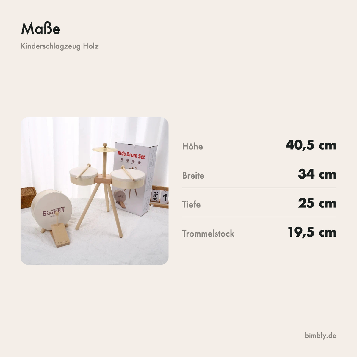 Maße des Kinderschlagzeugs: 40,5 cm hoch, 34 cm breit, 25 cm tief