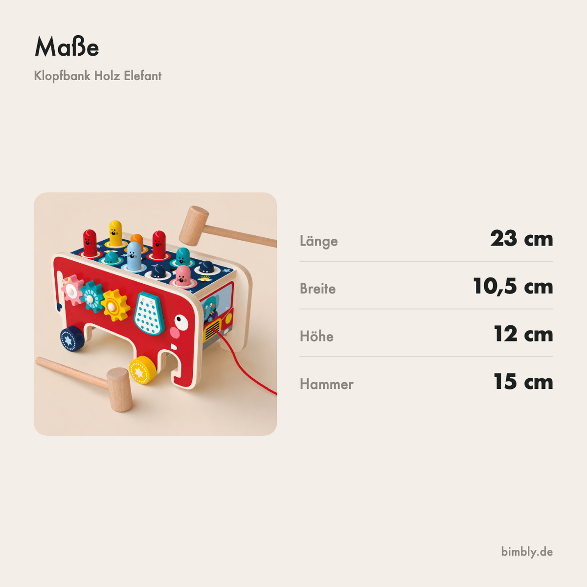Maße der Klopfbank Elefant aus Holz: Länge 23 cm, Breite 10,5 cm, Höhe 12 cm, Hammer 15 cm