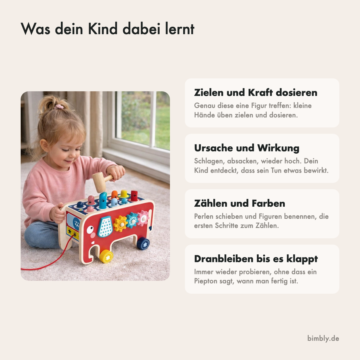 Was dein Kind mit der Klopfbank Elefant lernt: zielen, Ursache und Wirkung, zählen und dranbleiben