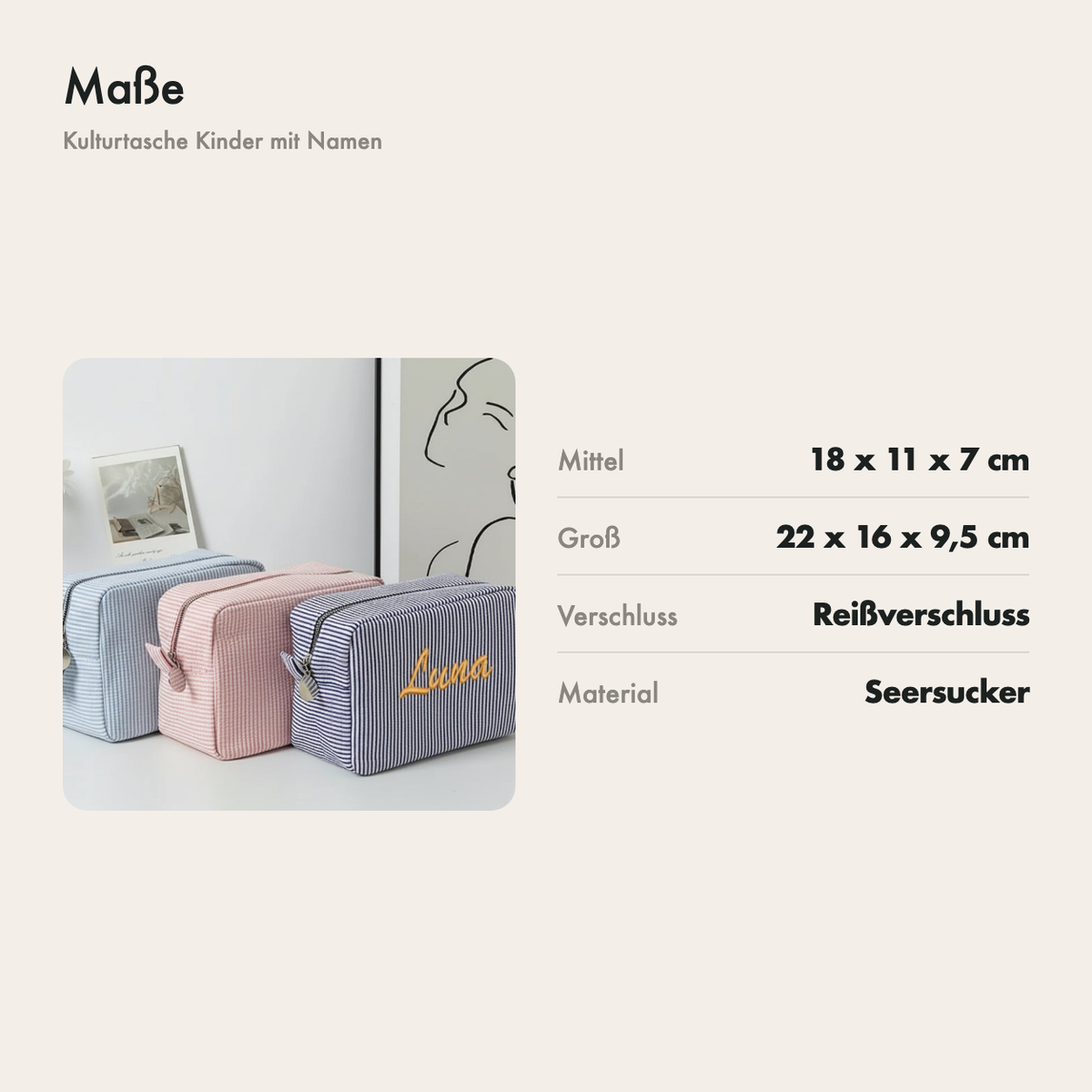 Maße der Kulturtasche: mittel 18 x 11 x 7 cm, groß 22 x 16 x 9,5 cm