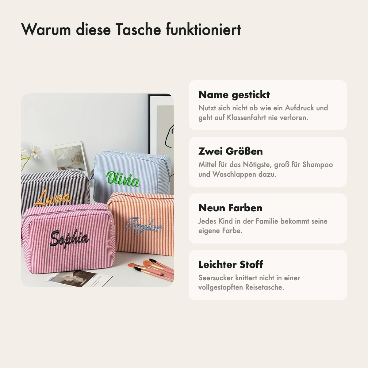 Warum diese Kulturtasche praktisch ist: Name darauf, zwei Größen, neun Farben und ein stabiler Reißverschluss