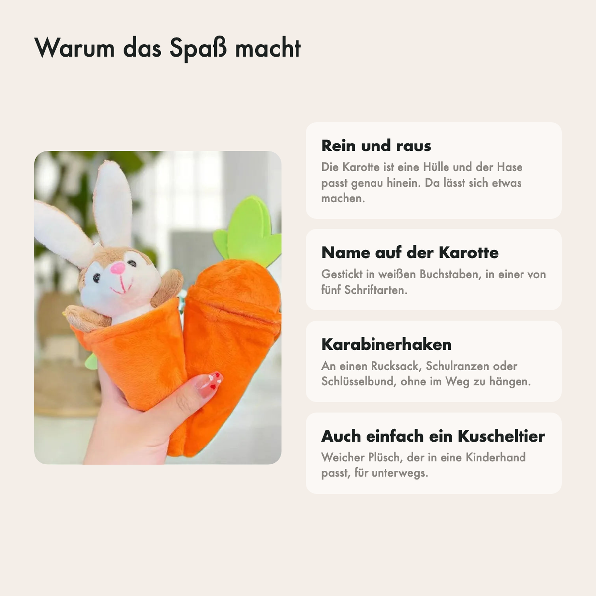 Warum dieses Geschenk Freude macht: Hase rein und raus, Name darauf, Karabiner und fünf Schriftarten