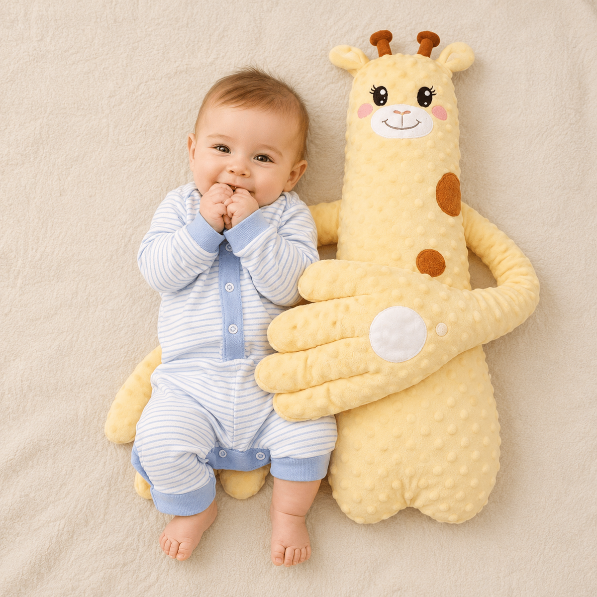 Baby liegt neben dem Plüsch-Kuscheltier in Form einer Giraffe
