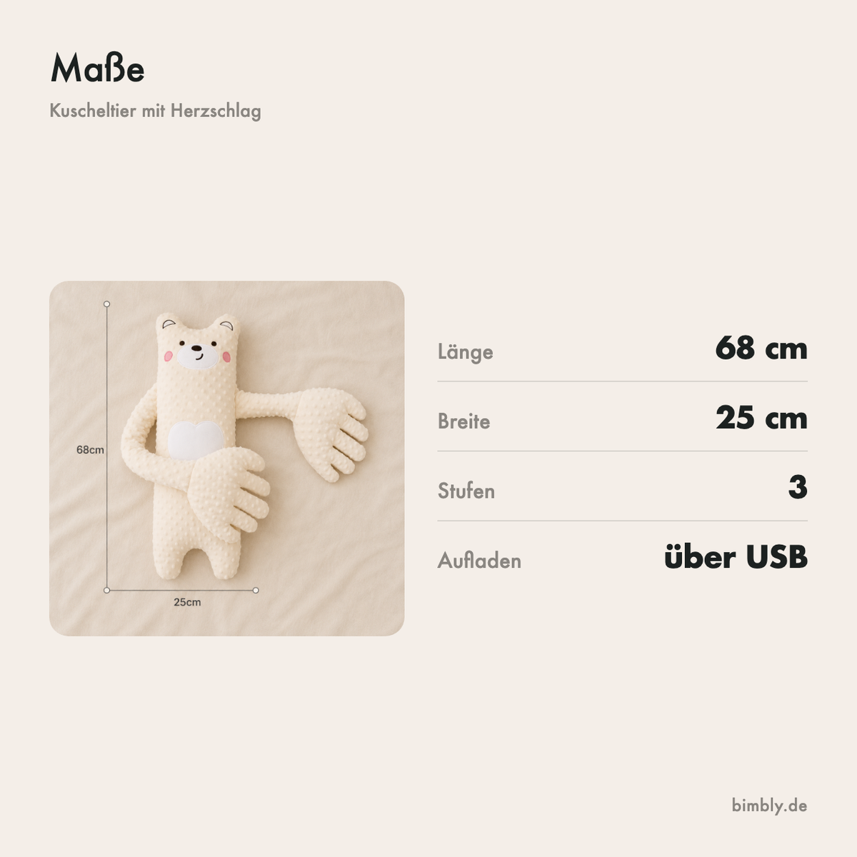 Maße des Kuscheltiers: 68 cm lang und 25 cm breit