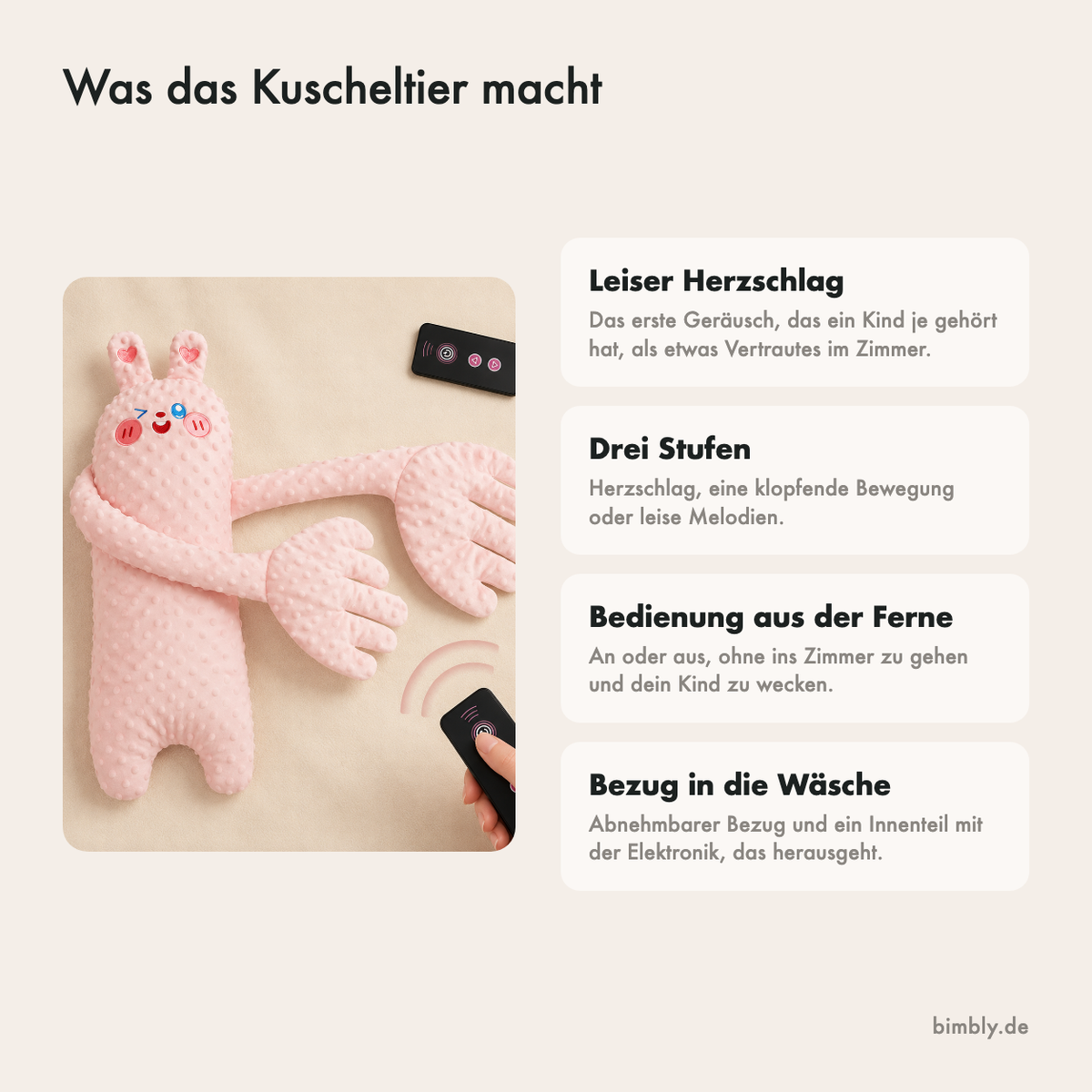 Was das Kuscheltier kann: Herzschlaggeräusch, klopfende Bewegung, Melodien und Bedienung aus der Ferne
