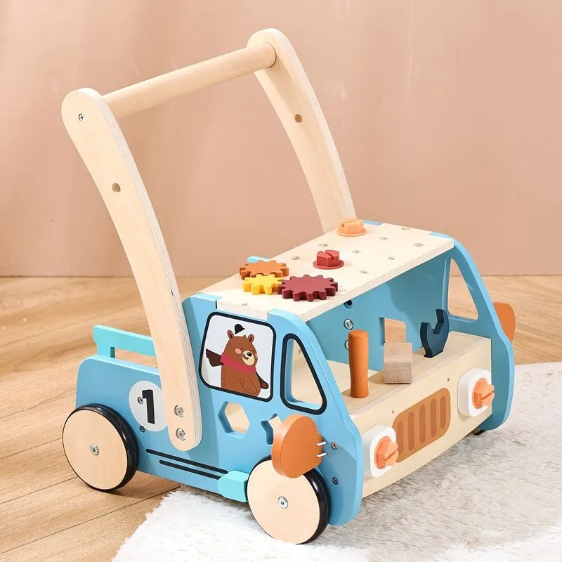 Lauflernwagen aus Holz mit Werkbank in Blau