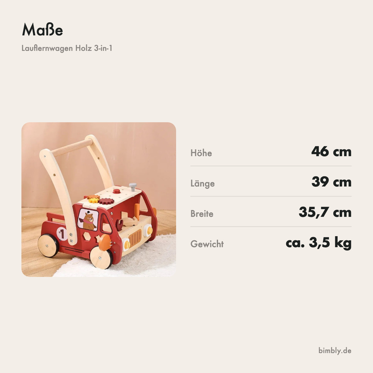 Maße des Lauflernwagens aus Holz: 46 cm hoch, 39 cm lang und 35,7 cm breit