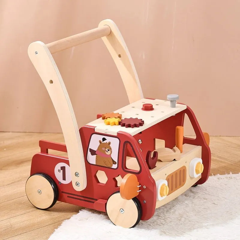 Lauflernwagen aus Holz mit Werkbank in Rot, mit Schiebegriff und Holzrädern