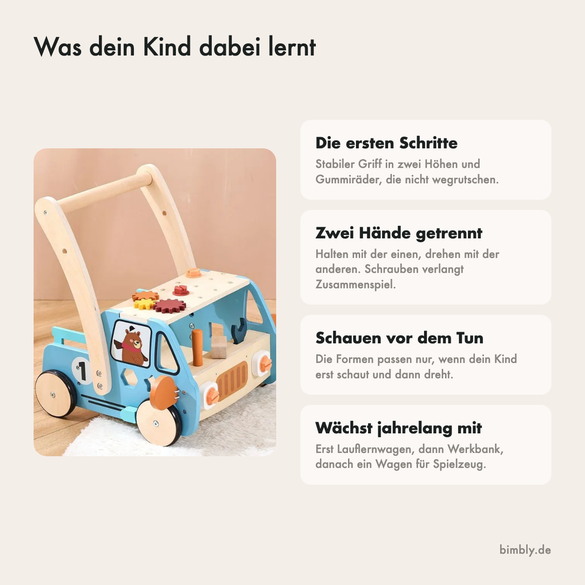 Was dein Kind mit dem Lauflernwagen lernt: laufen üben, schrauben, Formen sortieren und aufräumen