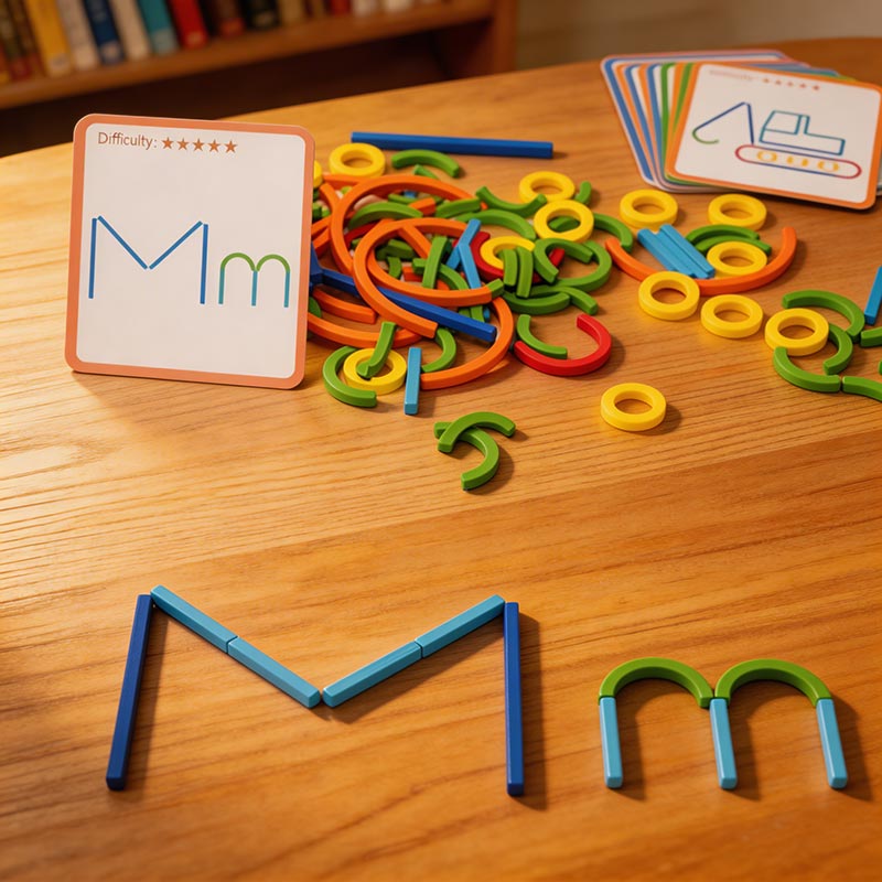 Mit den Stäbchen und Bögen wird der Buchstabe M gelegt