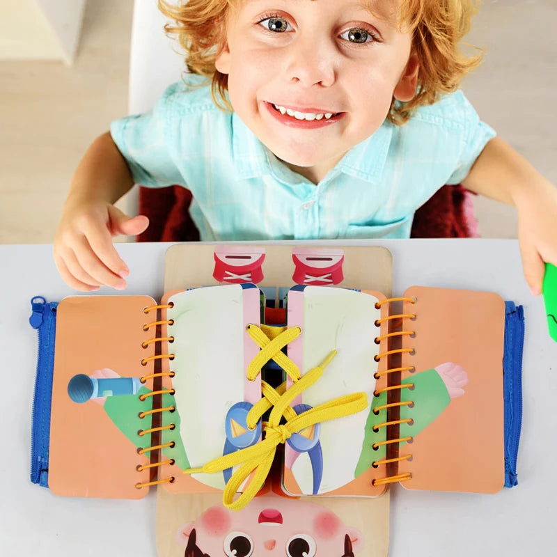 Montessori Anziehbuch mit Reißverschluss, Knöpfen und Schnürsenkeln