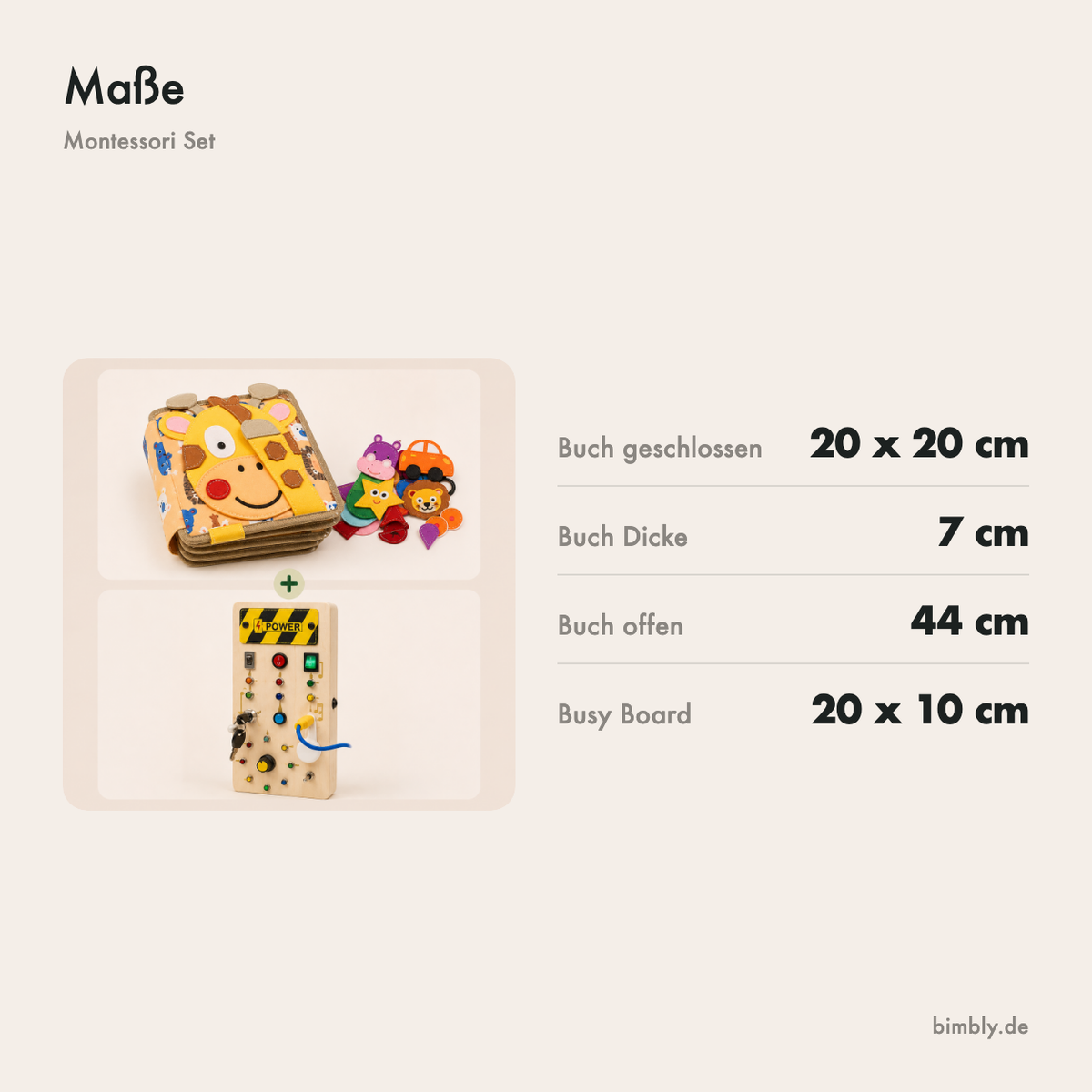 Maße: Buch 20 x 20 x 7 cm, Busy Board 20 x 10 x 3,2 cm