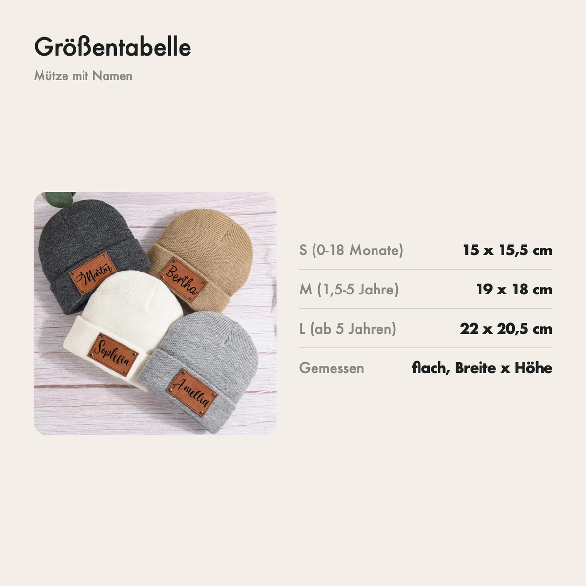 Größentabelle der Beanie: S für 0-18 Monate, M für 1,5-5 Jahre, L ab 5 Jahren