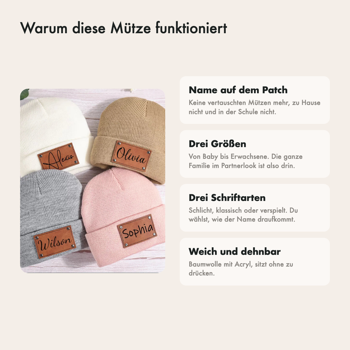 Warum diese Mütze schön ist: Name auf dem Patch, drei Größen von Baby bis Erwachsene, zehn Farben und dehnbares Gestrick