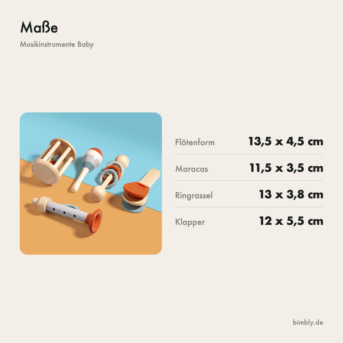 Maße der Musikinstrumente aus Holz: Teile von 6 bis 13,5 cm