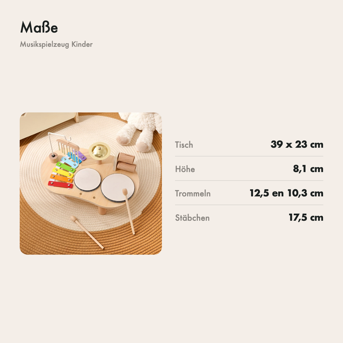 Maße des Musiktischs aus Holz: 39 x 23 cm mit Trommeln von 12,5 und 10,3 cm