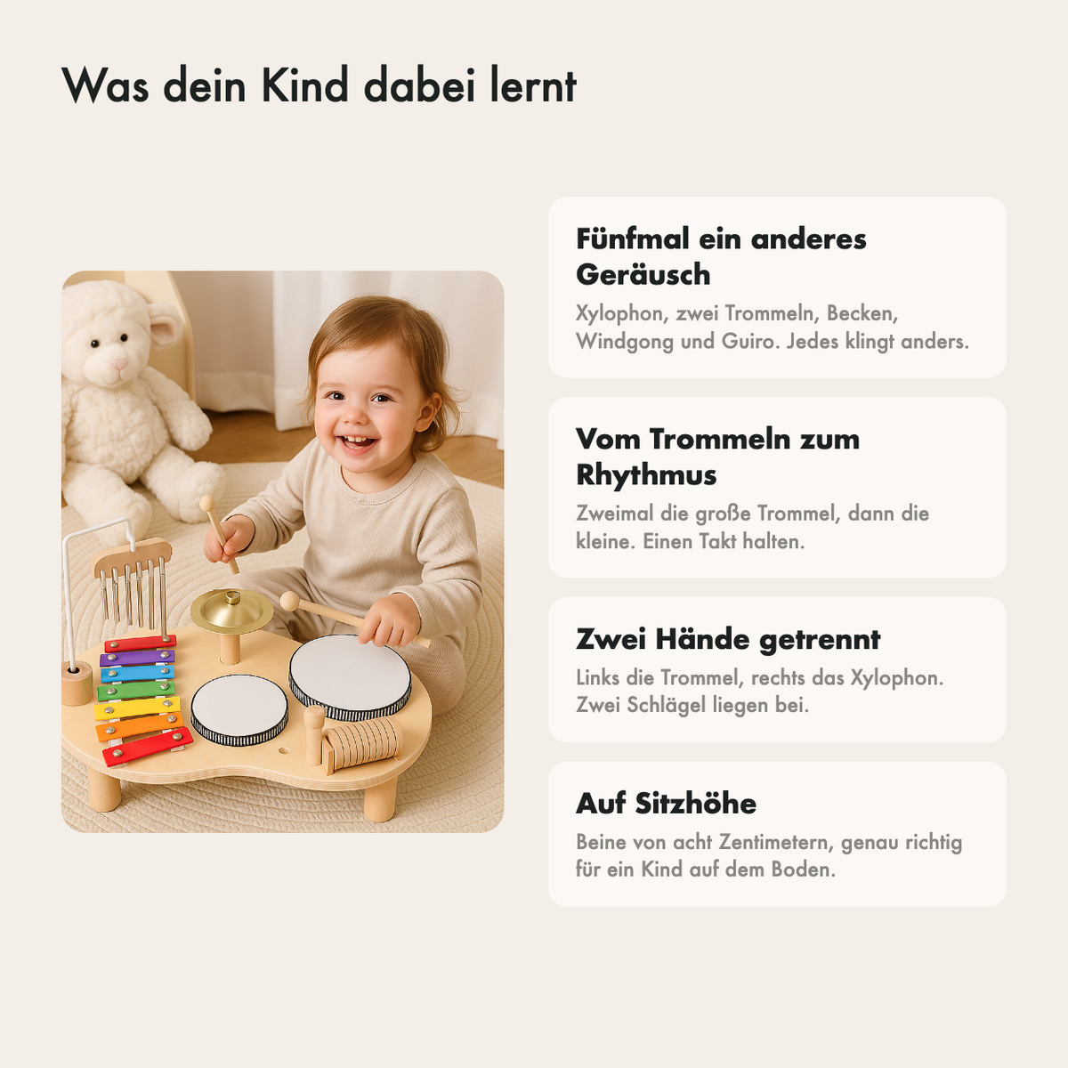 Was dein Kind mit dem Musiktisch lernt: hoch und tief hören, Rhythmus, zwei Hände getrennt und selbst ausprobieren