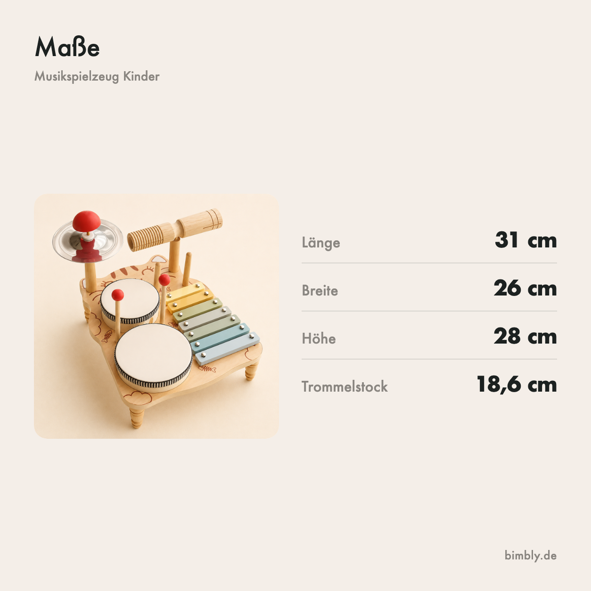 Maße des Musiksets aus Holz: 31 cm lang, 26 cm breit, 28 cm hoch