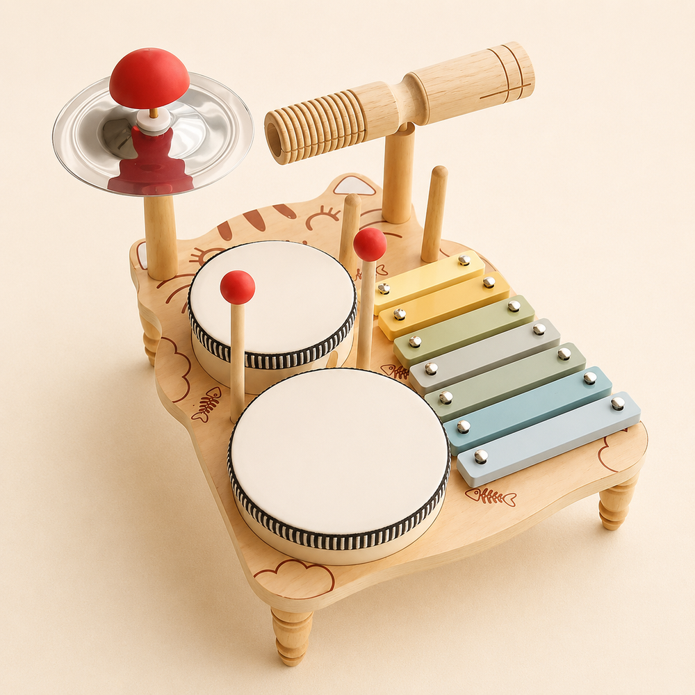 Musikset aus Holz für Kinder mit Schlagzeug, Xylophon und Becken