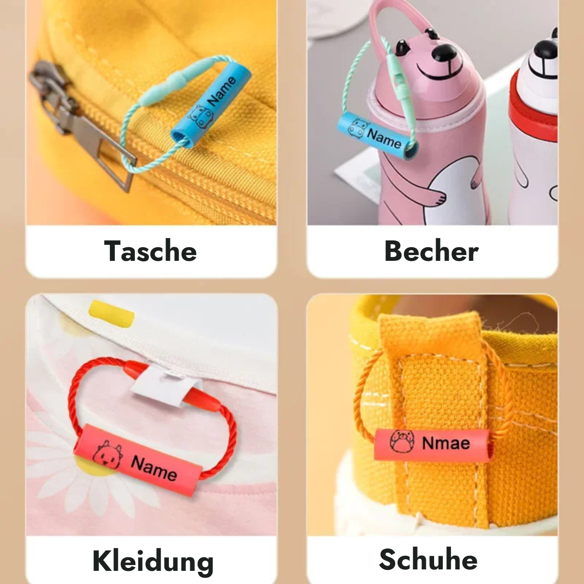 Namensanhänger an einer Tasche, einem Becher, Kleidung und Schuhen