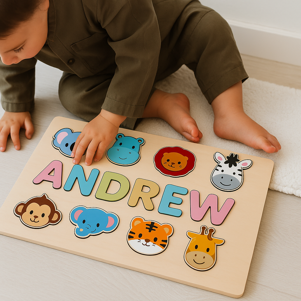 Kind spielt auf dem Boden mit dem Namenspuzzle aus Holz