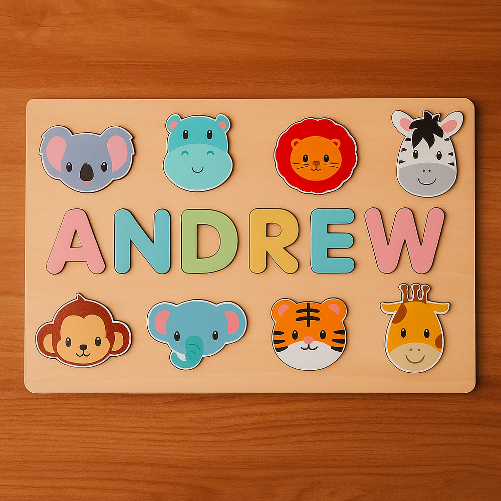 Namenspuzzle aus Holz mit dem Namen Andrew und Tierköpfen