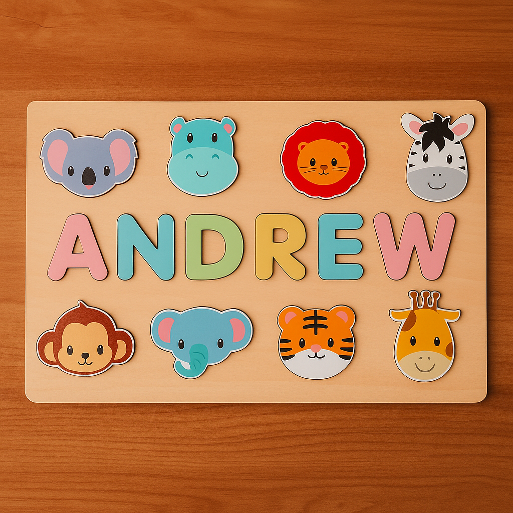 Namenspuzzle aus Holz mit dem Namen Andrew und Tierköpfen