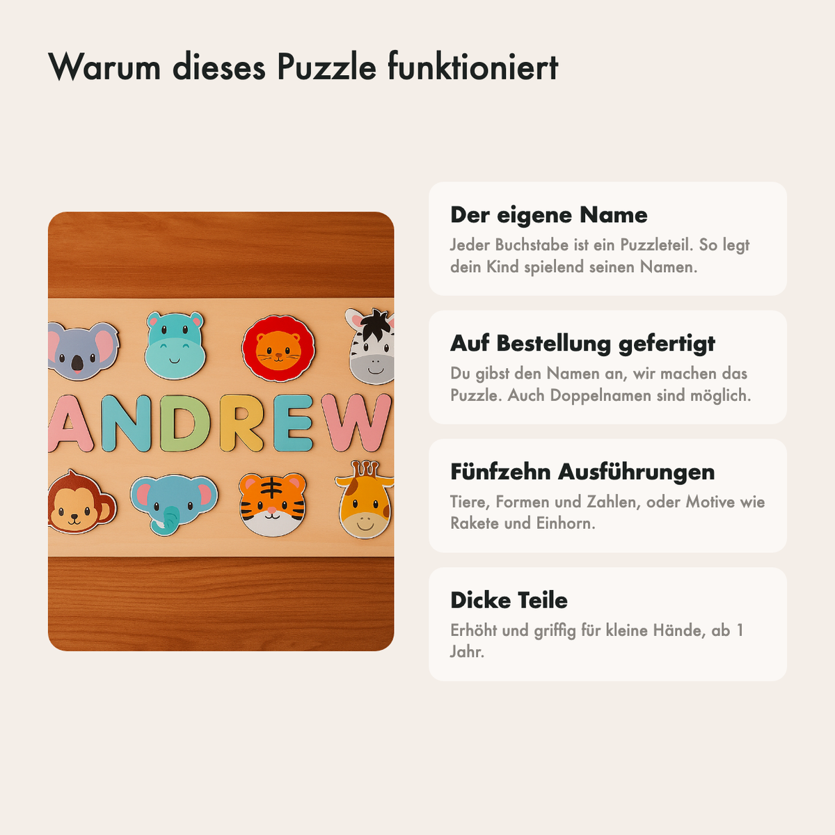 Warum dieses Puzzle gut funktioniert: eigener Name, fünfzehn Ausführungen, dicke greifbare Teile und Holz mit Wasserfarbe