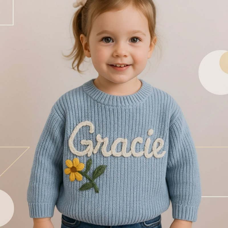 Mädchen in einem hellblauen Pullover mit dem Namen Gracie und einer gestickten Blume