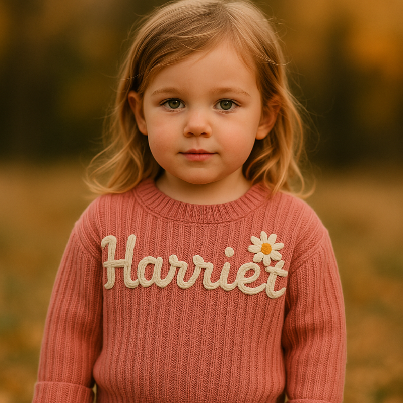 Mädchen trägt einen korallenroten Pullover mit dem handbestickten Namen Harriet