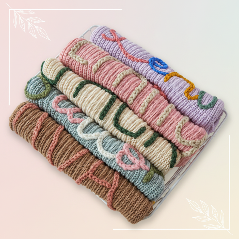 Stapel gefalteter Pullover mit gestickten Namen