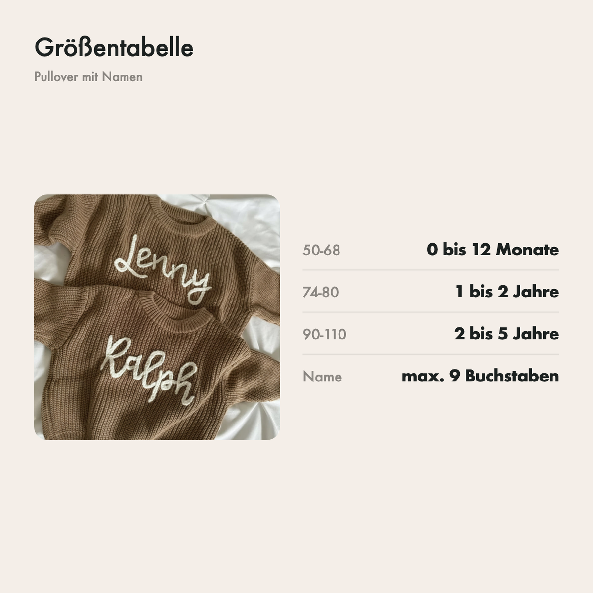 Größentabelle des Pullovers: Größe 50 bis 110
