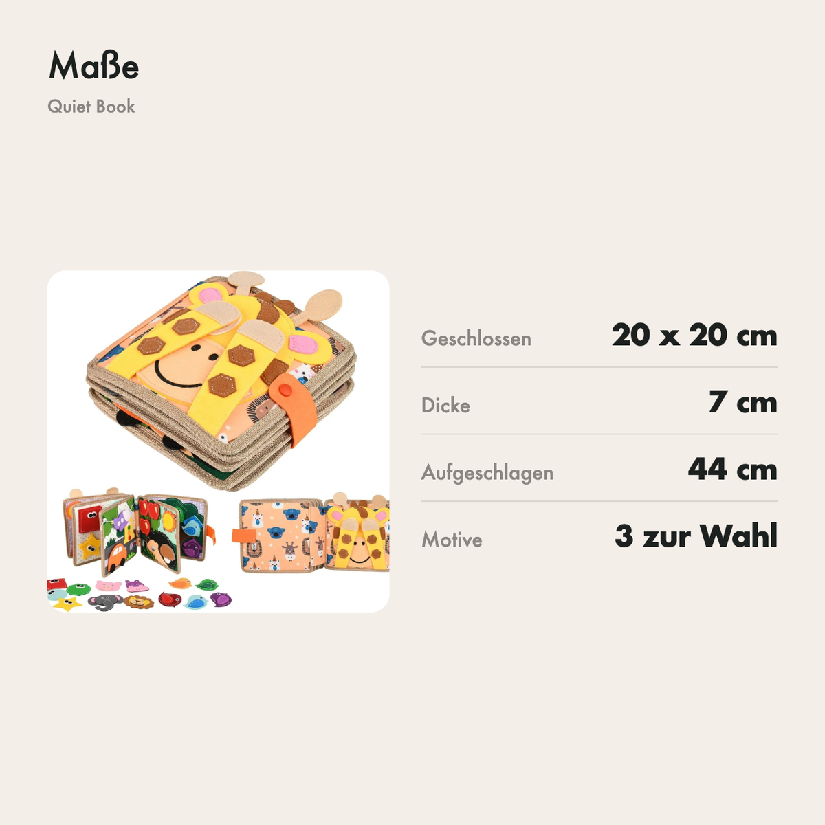 Maße des Quiet Books: 20 x 20 x 7 cm