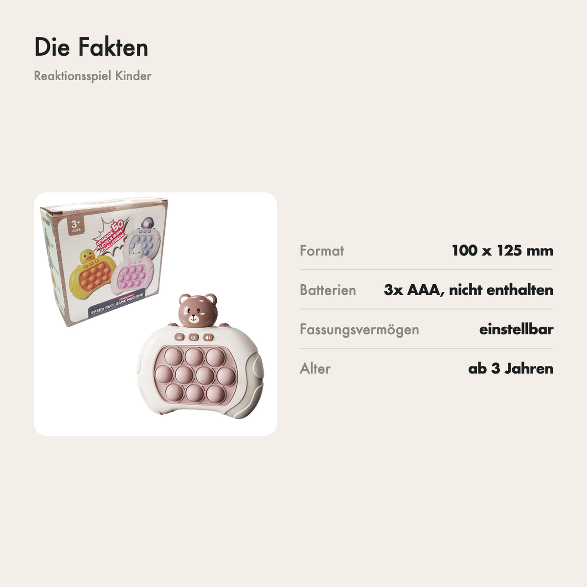 Maße des Reaktionsspiels: 100 x 125 mm