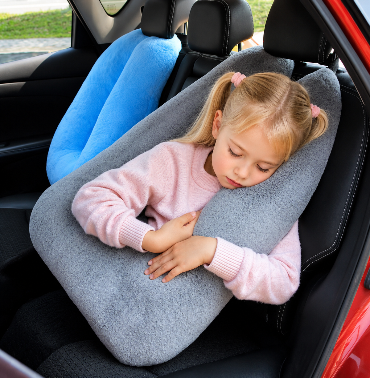 Mädchen schläft im Auto an das Reisekissen gelehnt