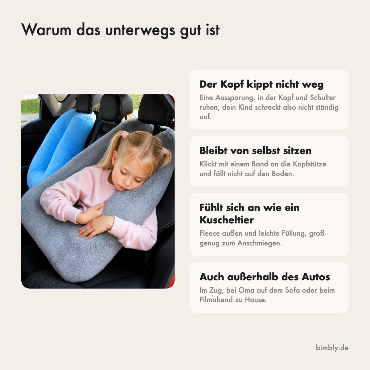 Warum das Reisekissen gut ist: Ruhe unterwegs, weiches Fleece, Klickbefestigung und drei Farben