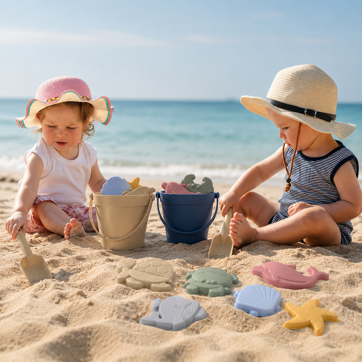 Zwei Kinder spielen am Strand mit dem Sandspielzeug aus Silikon