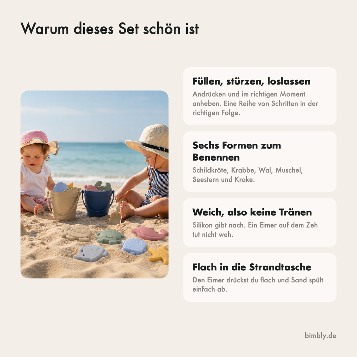 Warum dieses Sandspielzeug gut ist: weiches Silikon, faltet flach, spült sich sauber und sechs Formen