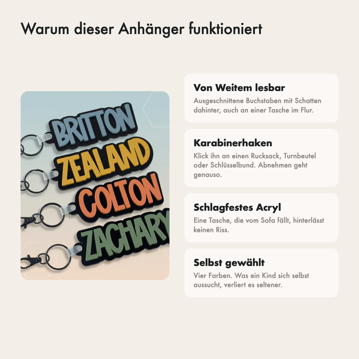 Warum dieser Anhänger praktisch ist: 3D-Buchstaben, Karabiner, schlagfestes Acryl und vier Farben