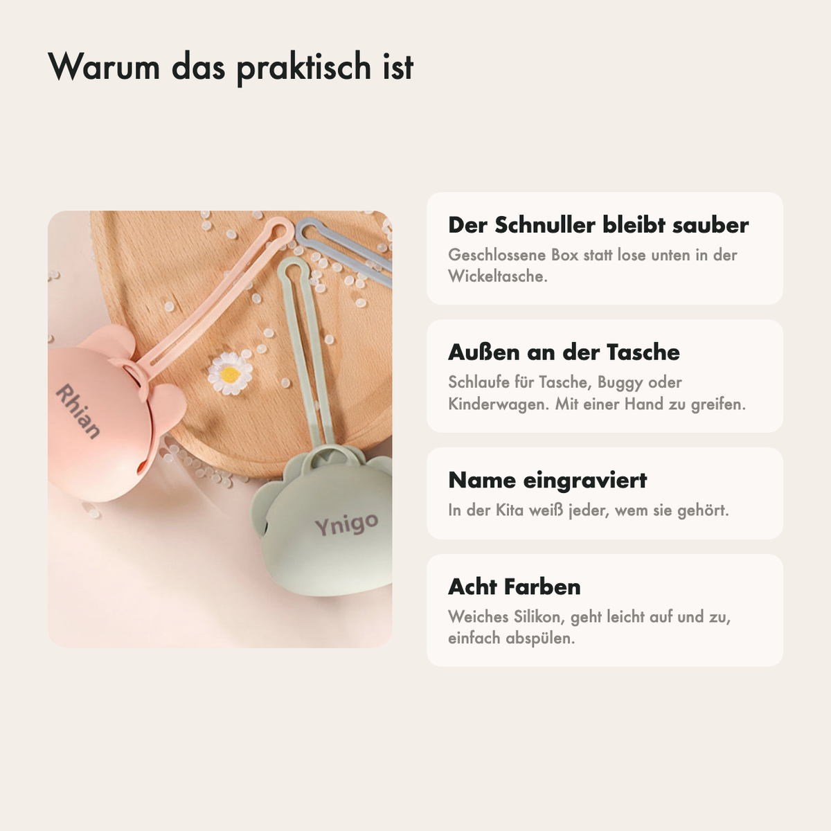 Warum diese Box praktisch ist: Schnuller bleibt sauber, hängt an der Tasche, Name darauf und acht Farben