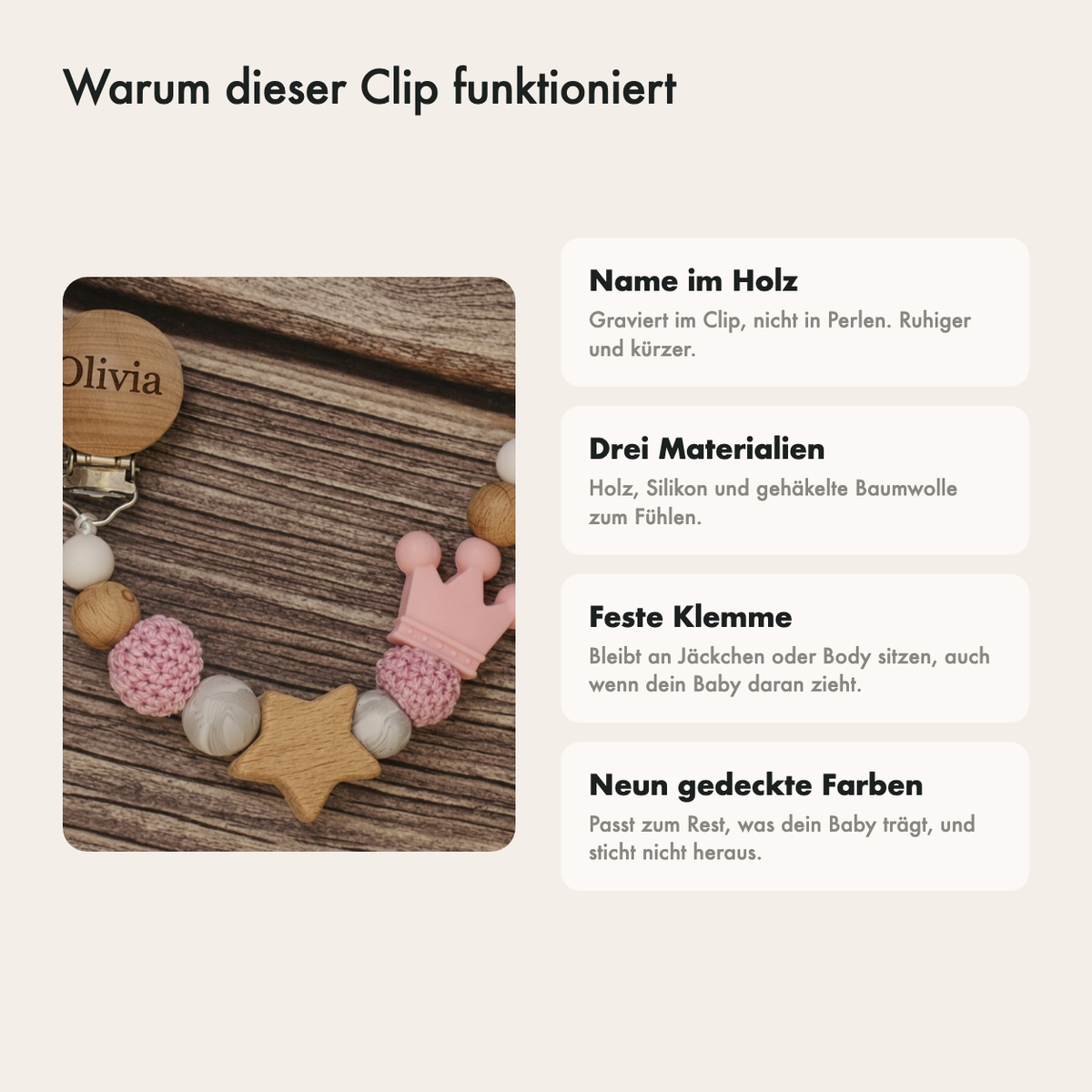 Warum dieser Schnullerclip praktisch ist: Name im Clip, Holz und Silikon, neun Farben und feste Klemme