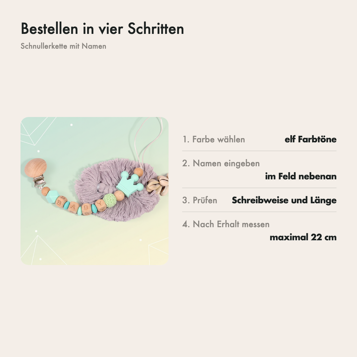 So bestellst du die Schnullerkette mit Namen in drei Schritten